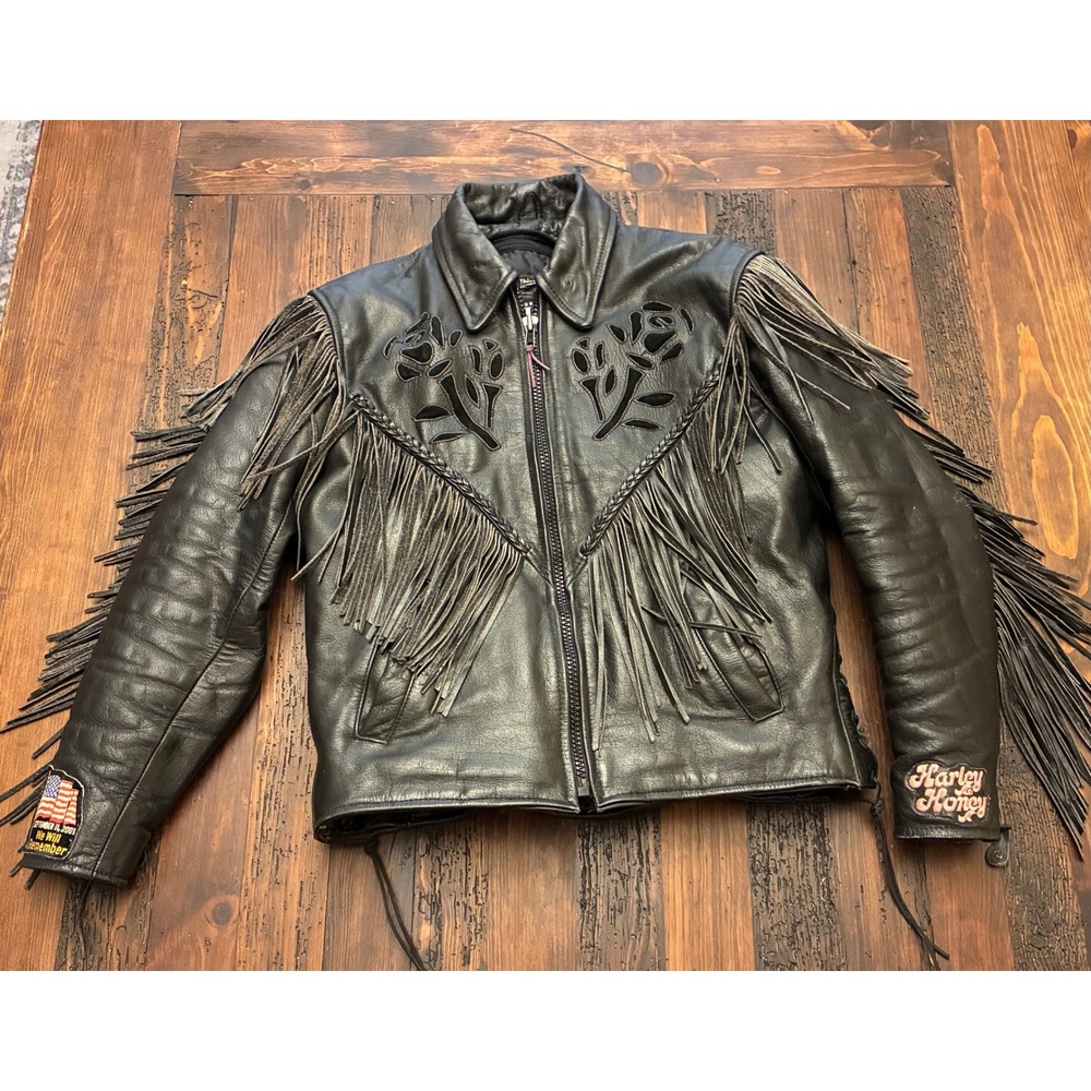 Vintage Leather King Fringe Western Harley Jacket Women's Size Small Moto Biker